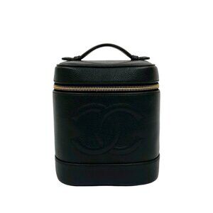 CHANEL Black Caviar Leather Logo Vanity Bag